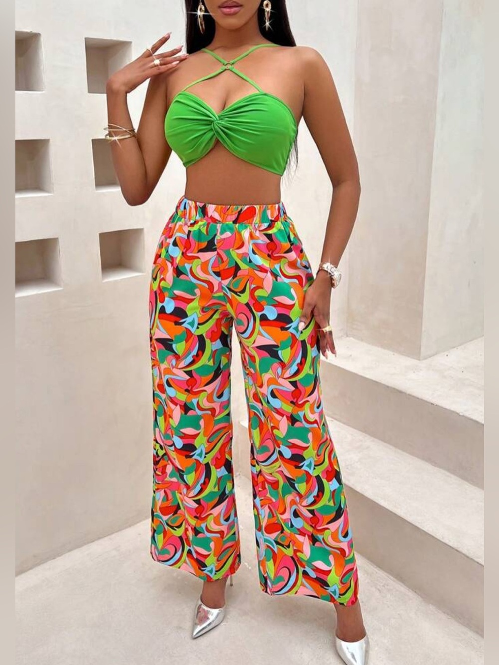 SHEIN Multicolored psychedelic swirl-print wide leg pants, elastic waist, size 4